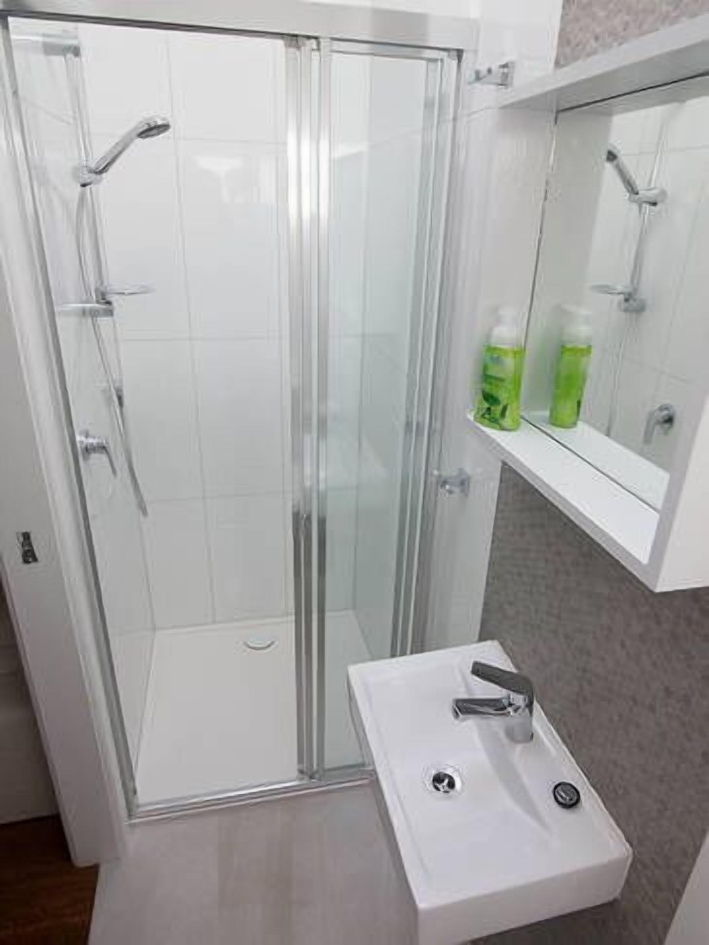 Shower, towels, soap, shampoo