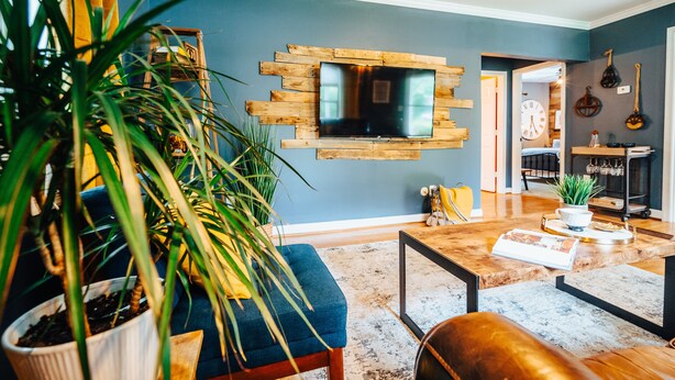 Ein Wohnzimmer mit an einer Holzwand montiertem Fernseher, einem blauen Sofa, einem Couchtisch und einem Blumentopf.