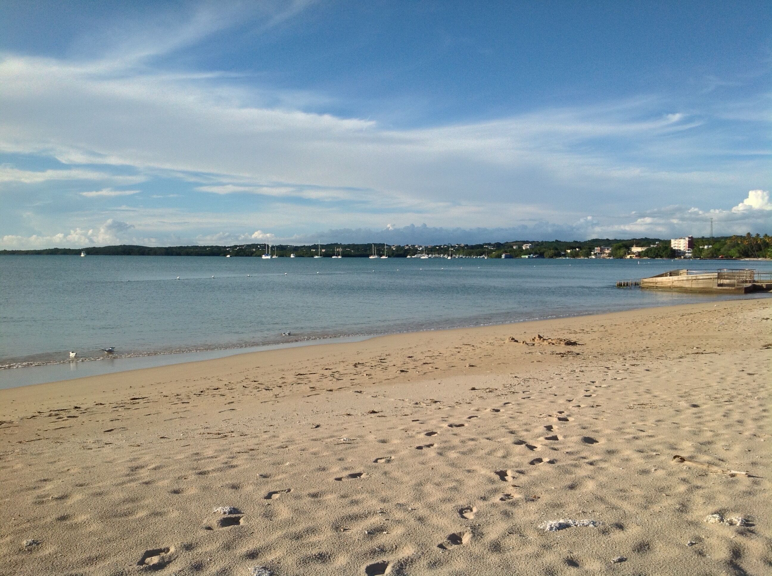 A sandy beach with footprints, a calm sea, and sailboats in the distance.