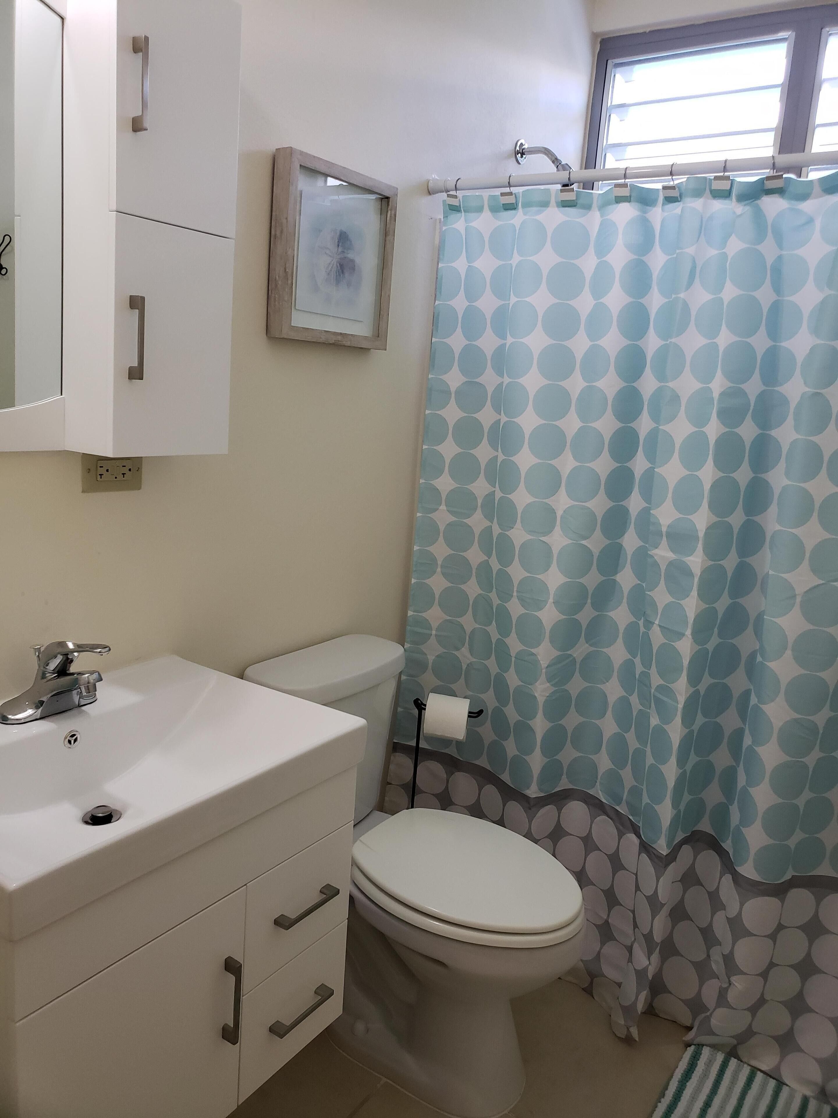 A bathroom with a white sink, a toilet, and a shower curtain with a polka dot pattern.