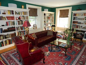 Smart TV, fireplace, DVD player, books