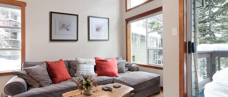 Smart-TV, Kamin, Bücher, Stereoanlage