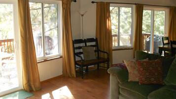 Smart TV, fireplace, DVD player, books