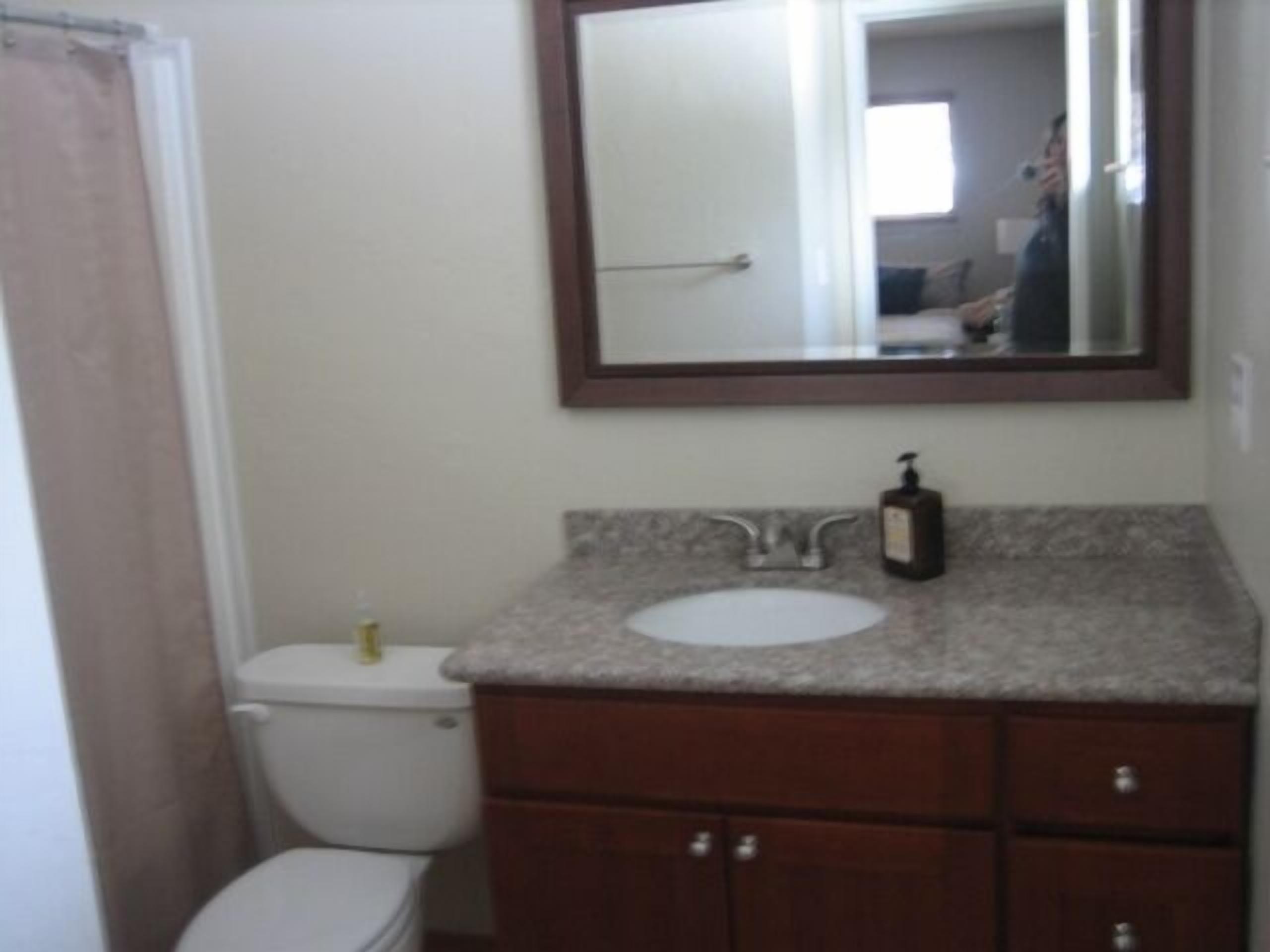 Une salle de bain avec des toilettes, un lavabo et un miroir.