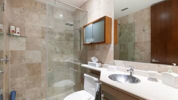 Shower, hair dryer, towels