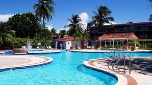 Una piscina con varias pistas, palmeras y un edificio de techo rojo al fondo.