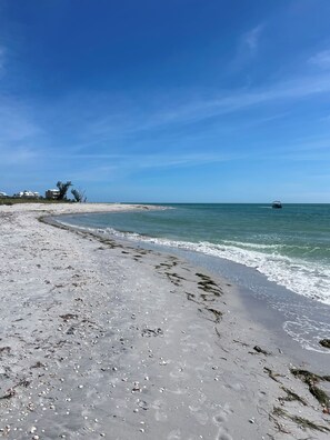 A beach with a boat in the distance, clear skies, and a calm sea.