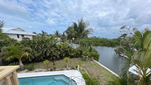 A swimming pool with a view of a river and palm trees.