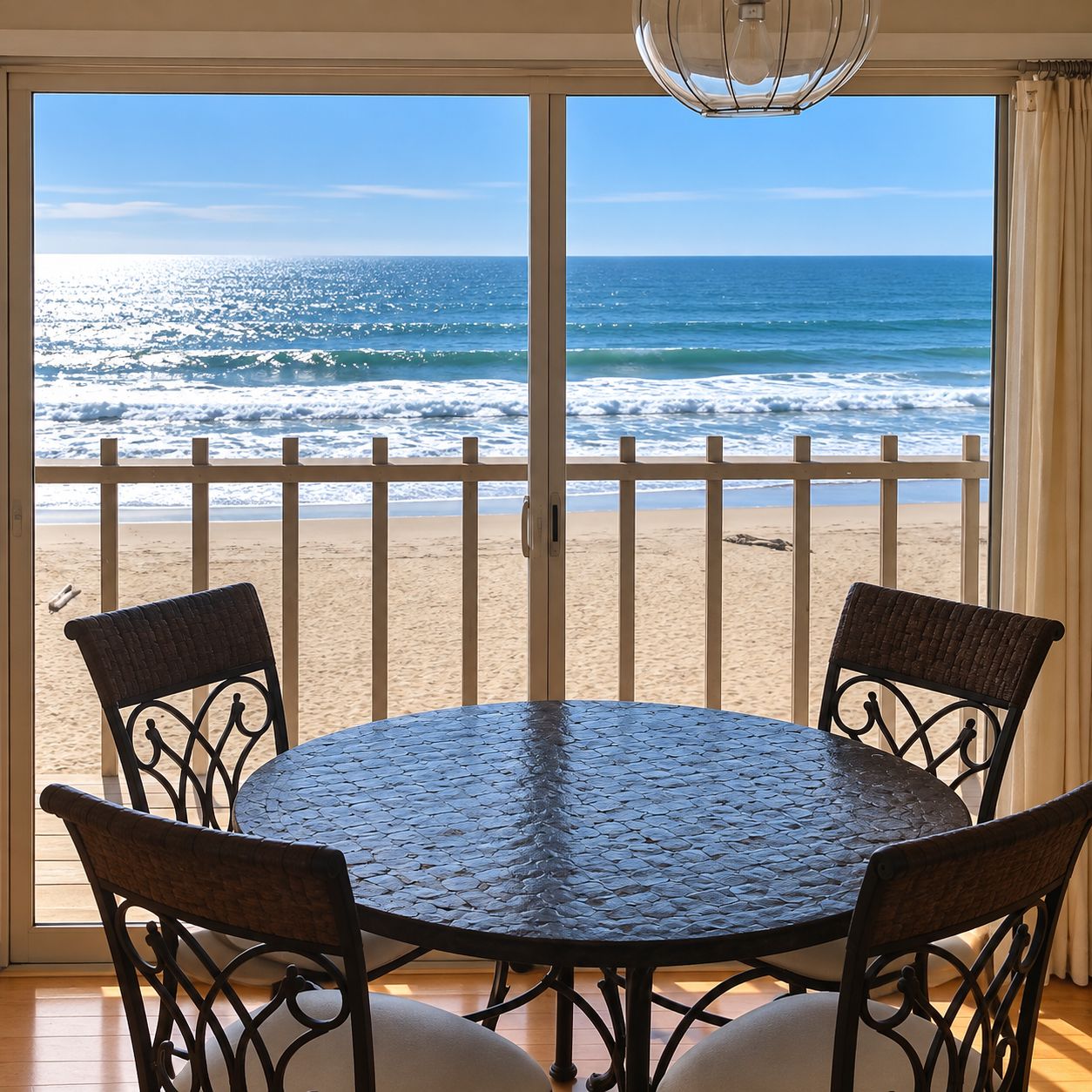 A round table with four chairs, a view of the beach, and a balcony railing.