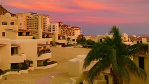 A resort with multiple buildings, a palm tree, and a sandy area with plants. - Terrasol 2BR/2BA Beach Condo - Best Price, Best Location & Ocean beachfront (Cabo San Lucas)