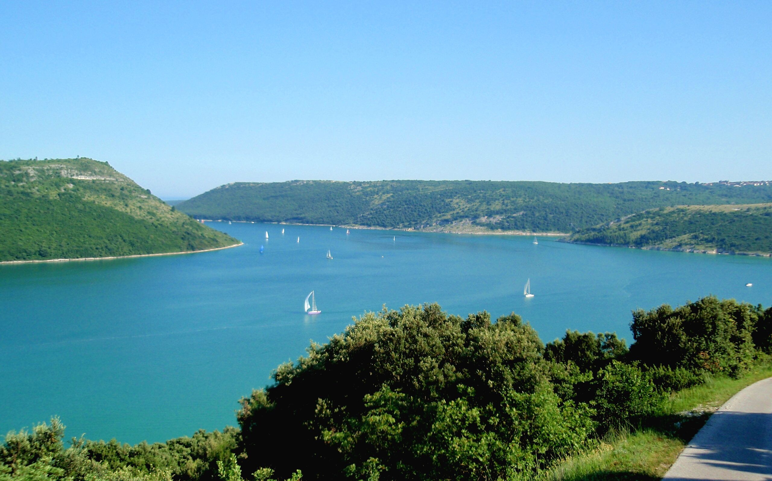 Eine Küstenlandschaft mit klarem Blick auf einen See, umgeben von Hügeln und viel Grün.