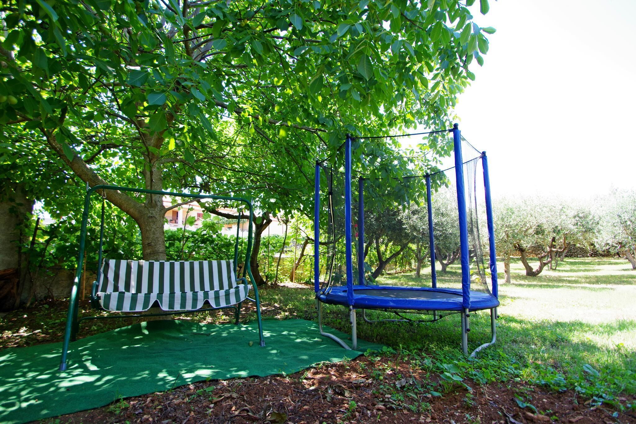 Een speeltuin met een schommel en een trampolaan, omgeven door bomen en gras.