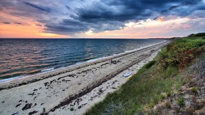 En strand med en bred sandstrand, en rad med små växter eller buskar längs kanten och ett lugnt hav under en molnig himmel.