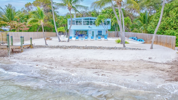 Une propriété située en bord de mer, avec une maison bleue au design moderne, une plage de sable et des palmiers.