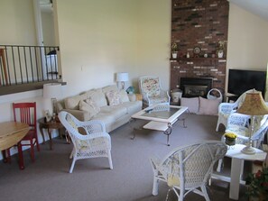 Smart TV, fireplace, DVD player, books