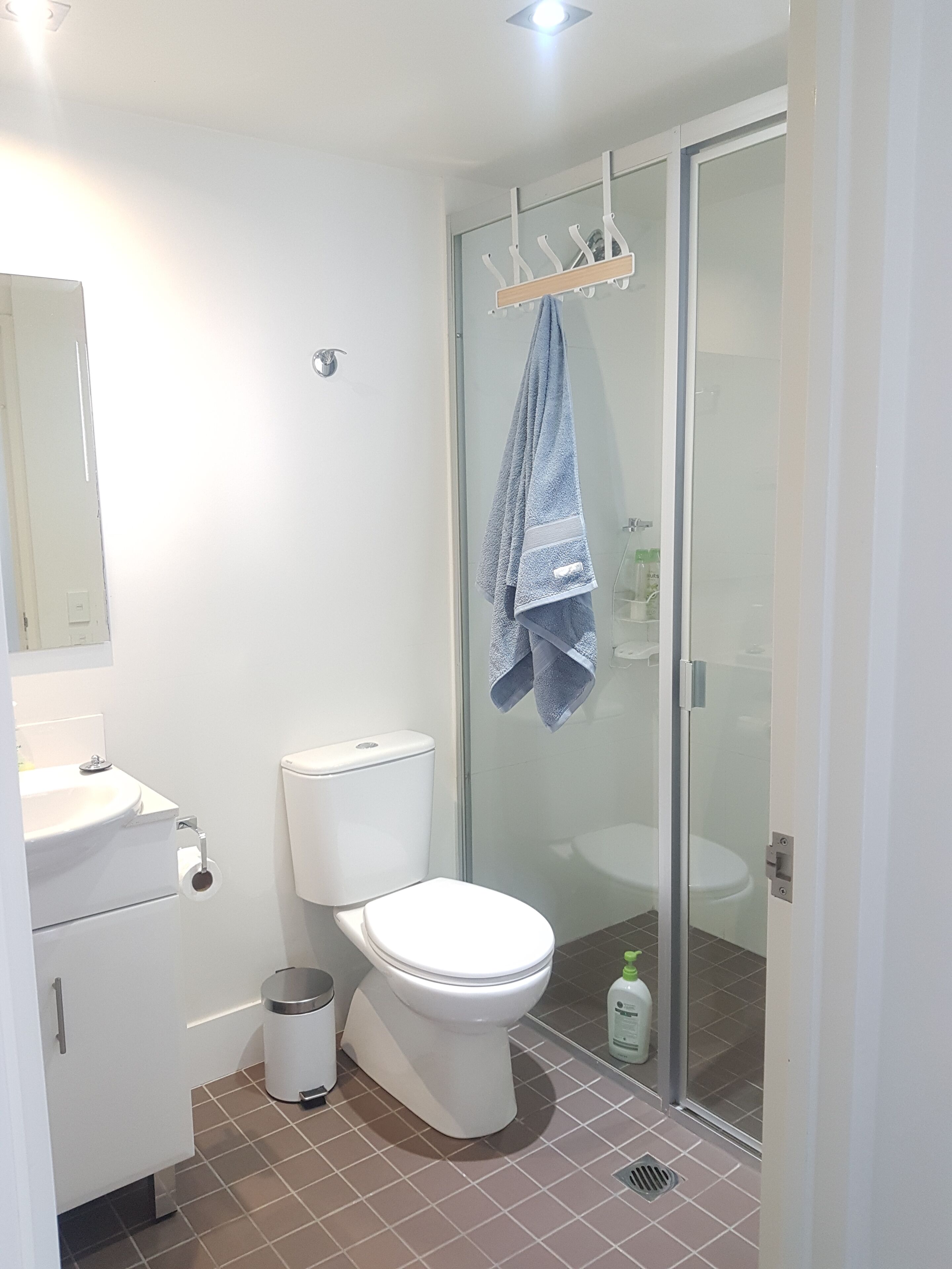 A modern bathroom with a toilet, sink, and glass shower enclosure.