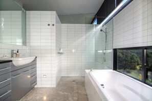 Bathtub, hair dryer, towels, soap