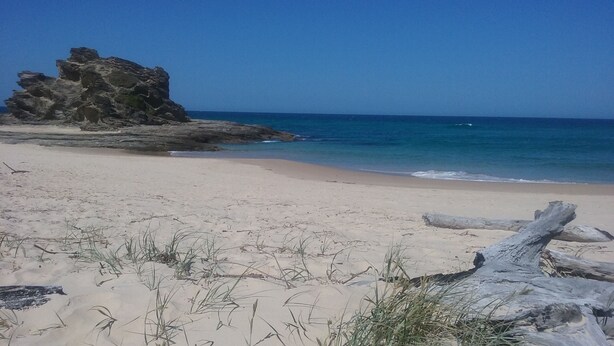A beach with clear blue water, sandy shore, and a large rock formation. - Oceanview 6 at Nambucca with rooftop tce & spa (Nambucca Heads)