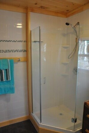 Shower, hair dryer, towels, soap - A modern, cosy, ocean-front, beach (rock) acces Cottage (Birch Plain)