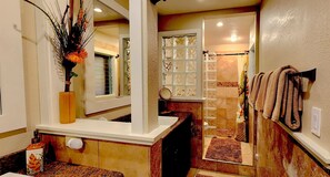Shower, jetted tub, hair dryer, towels