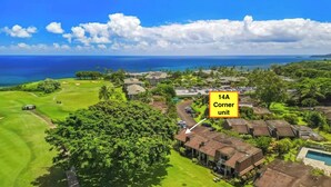 An aerial view of a resort with a golf course, a pool, and a marked '14A Corner unit'. - Princeville corner unit w/AC & pool for up to 6*; Ocean/Sunset/Golf/Mtn Views (Princeville)