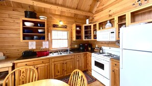 Una cocina tipo cabaña de madera con estufa, lavabo y armarios.