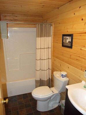 Shower, towels, soap, toilet paper