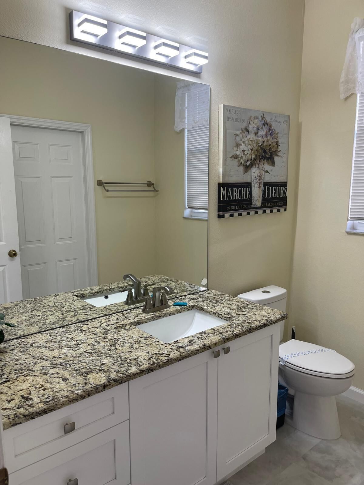 A bathroom with a granite countertop, two sinks, a toilet, and a mirror with a floral print.