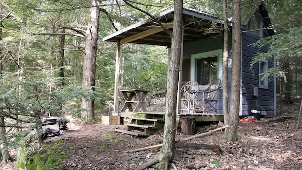 Una cabaña rústica con una terraza de madera y una silla, rodeada de un bosque denso.