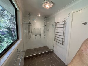 Bathtub, hair dryer, towels, soap
