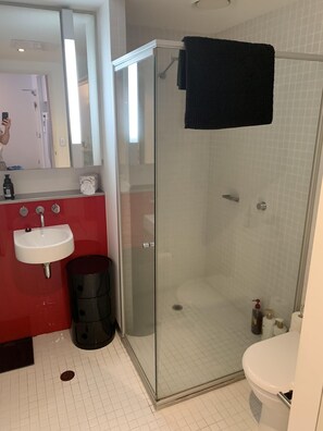 Ein modernes Badezimmer mit einer Duschkabine, einem weißen Waschbecken und einer roten Akzentwand.