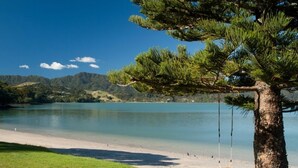 A beach with a swing set, clear water, and a tree in the foreground. - Beachfront Bliss ~ Upper Deck Apartment (Coromandel Township)