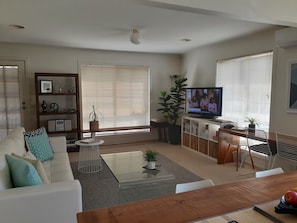 Televisión, reproductor de DVD, libros, videoteca