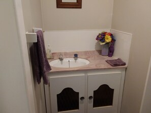 Shower, hair dryer, towels, toilet paper