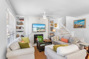 TV, fireplace, DVD player, books