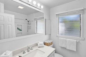 Combined shower/bathtub, hair dryer, towels, toilet paper