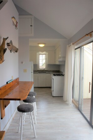 Kitchen, bar seating area, oversized sliding doors that open to a back porch