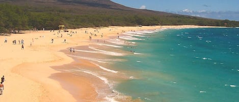 A beach with clear turquoise waters, sandy shores, and a forested hill in the background.