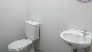 Shower, towels, shampoo, toilet paper