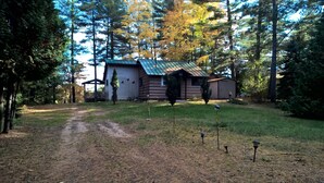A log cabin with a metal roof, surrounded by a forest. There is a dirt path leading to the cabin, and several small trees are planted in the yard.