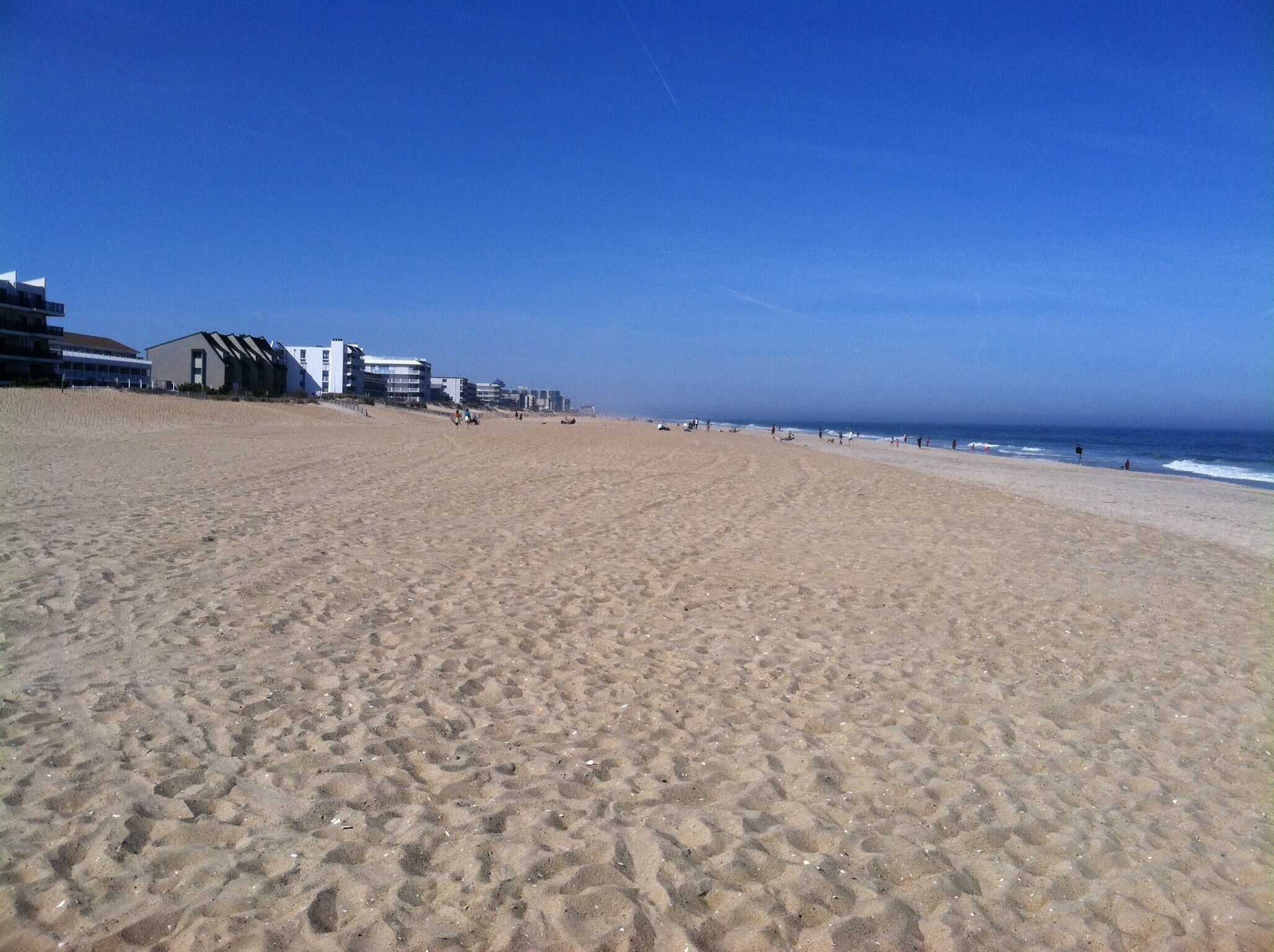 Une plage avec un ciel dégagé, un rivage sablonneux et des bâtiments en arrière-plan.