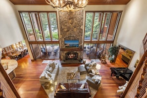 Smart TV, fireplace, DVD player, foosball