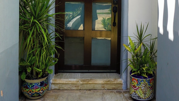 Une porte dotée d’un panneau de verre et d’un trou de serrure, flanquée de deux plantes en pot.
