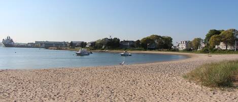 On the beach, sun-loungers, beach towels