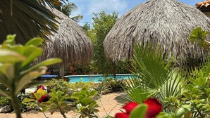 Un espace piscine agrémenté de parasols en chaume et d’une végétation luxuriante.
