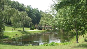 Un parc paisible avec un étang, un banc et un kiosque.