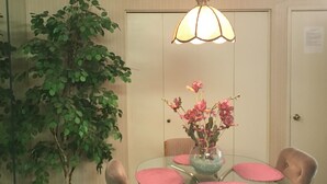 Un coin repas avec une table ronde en verre, des sets de table roses et des chaises. On y trouve une plante en pot et un luminaire suspendu au-dessus de la table.