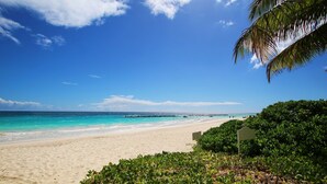 Een strand met helder turquoise water, een zandstrand en weelderige begroeiing.