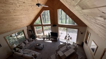 Smart TV, chimenea, reproductor de DVD y libros