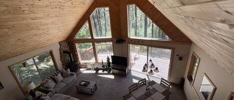 TV connectée, cheminée, lecteur de DVD, livres